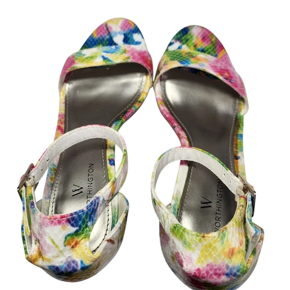 Worthington Bristol Ankle Strap Sandals Heels Rainbow Multi Faux Snakeskin Sz 6